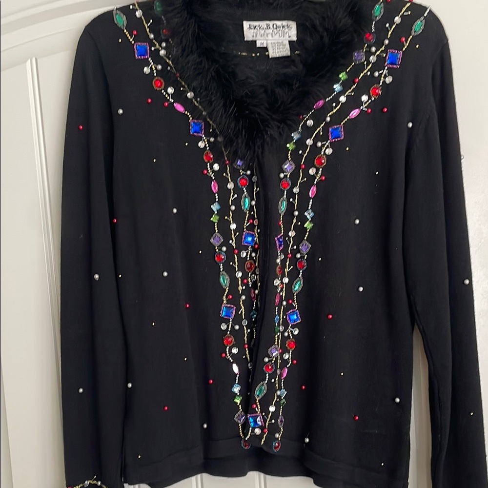 Black Beaded Cardigan with Faux Fur Collar